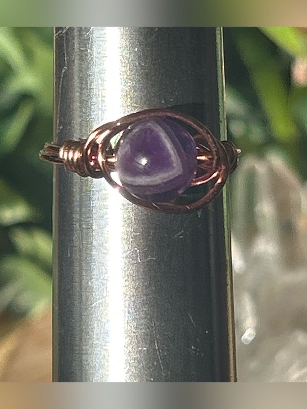 ๐ Handcrafted chevron amethyst copper wire wrapped crystal ring size 8